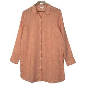 J. JILL Love Linen Tunic Top Sz M Petite Aqua Button Up 100% Linen Shirt L/S EUC